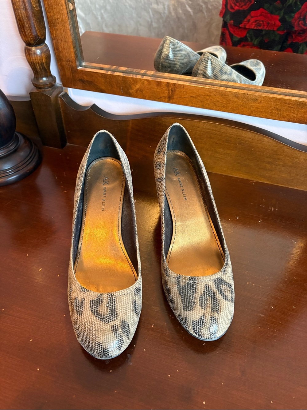 Anne Klein Women's Leopard-Print Round-Toe Pumps in Taupe and Gray